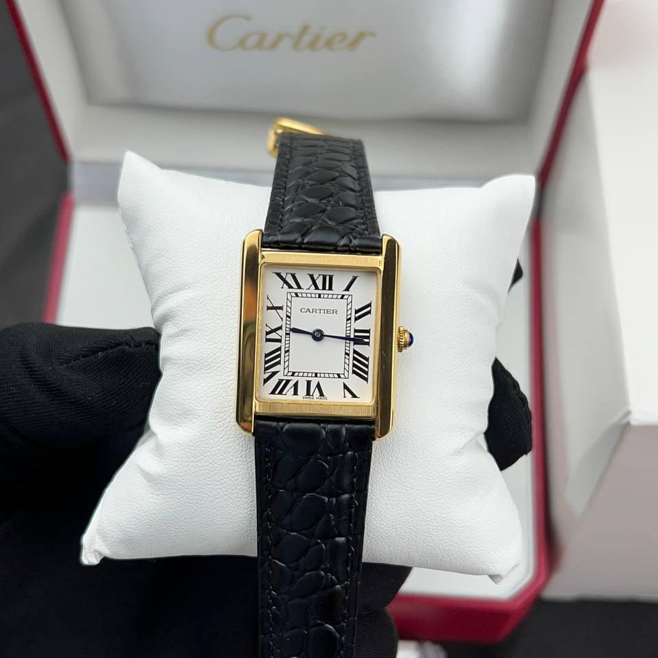 Cartie Tank Gold Siyah Deri Kordon Unisex Kol Saati