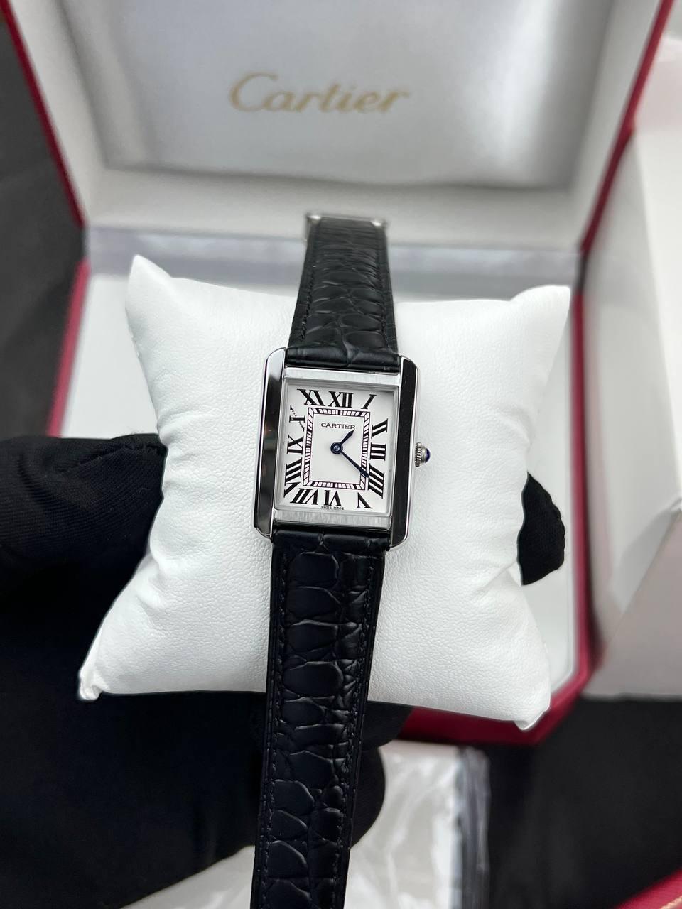 Cartie Tank Klasik Unisex Siyah Deri Kordon Dikdörtgen Kasa Analog Kol Saati