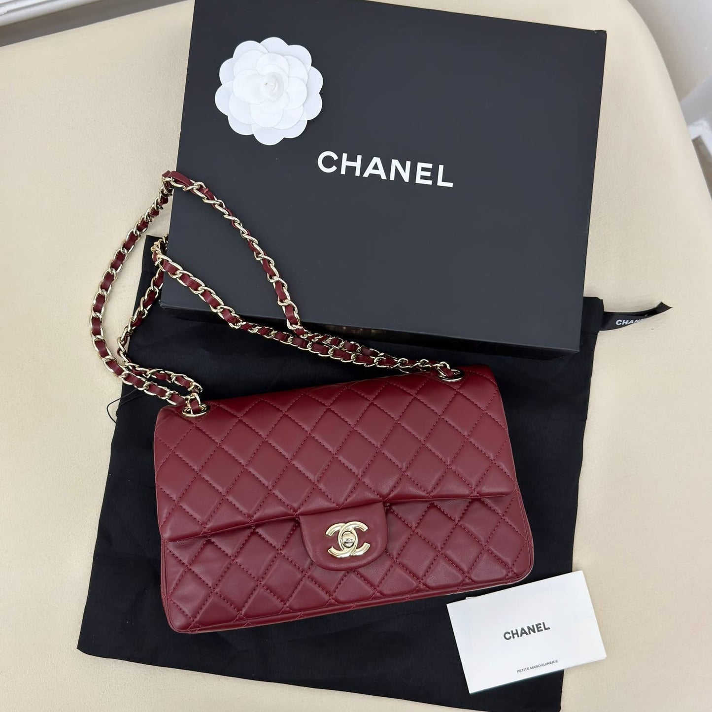 Chane Classic Flap Medium Burgundy Lambskin Gold Hardware Premium Kadın Omuz Çantası