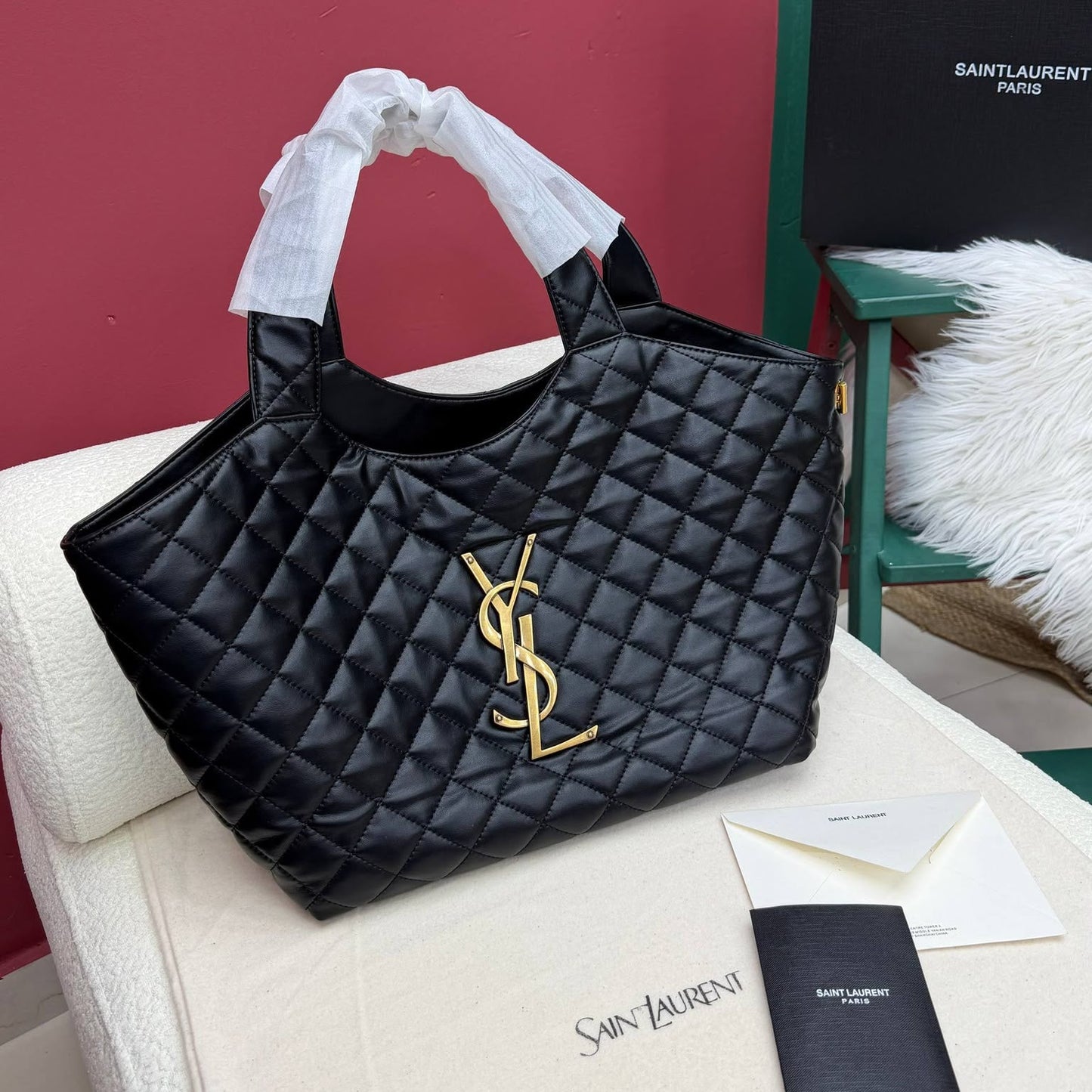 YşL Icare Maxi Black Gold Logolu Premium Kapitone Deri Kadın Tote Çanta