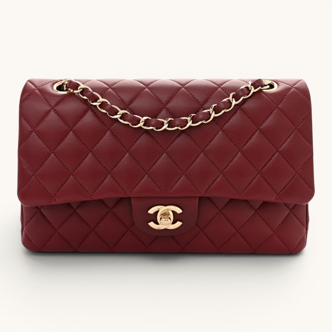 Chane Classic Flap Medium Burgundy Lambskin Gold Hardware Premium Kadın Omuz Çantası