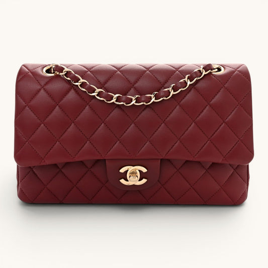 Chane Classic Flap Medium Burgundy Lambskin Gold Hardware Premium Kadın Omuz Çantası