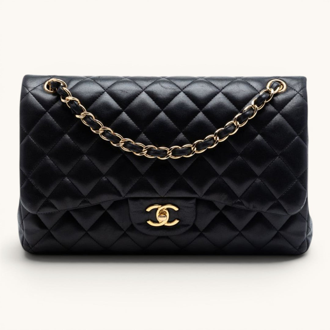 Chane Classic Flap Jumbo Black Lambskin Gold Hardware Premium Kadın Omuz Çantası