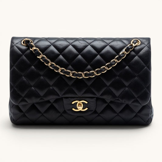 Chane Classic Flap Jumbo Black Lambskin Gold Hardware Premium Kadın Omuz Çantası