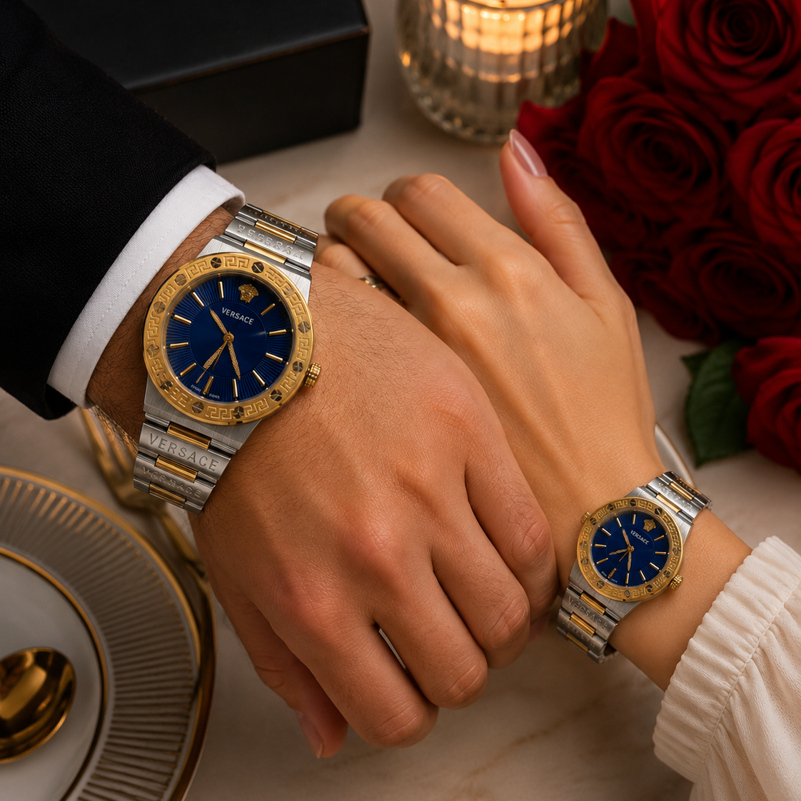 Versac Blue Gold Silver Bay & Bayan Çift Kol Saati