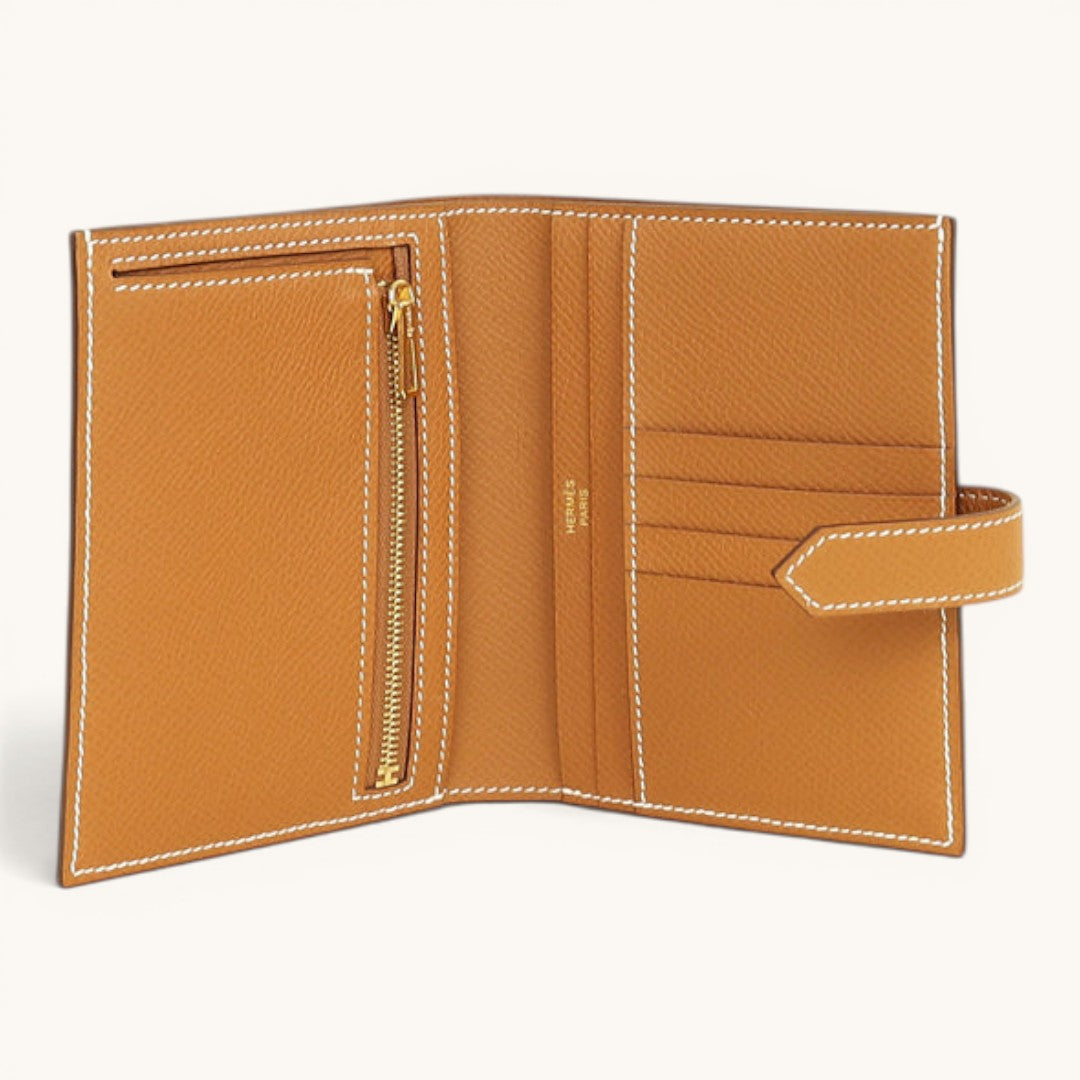 Hermè Bearn Compact Gold H Tokalı Camel Premium Deri Kadın Cüzdan