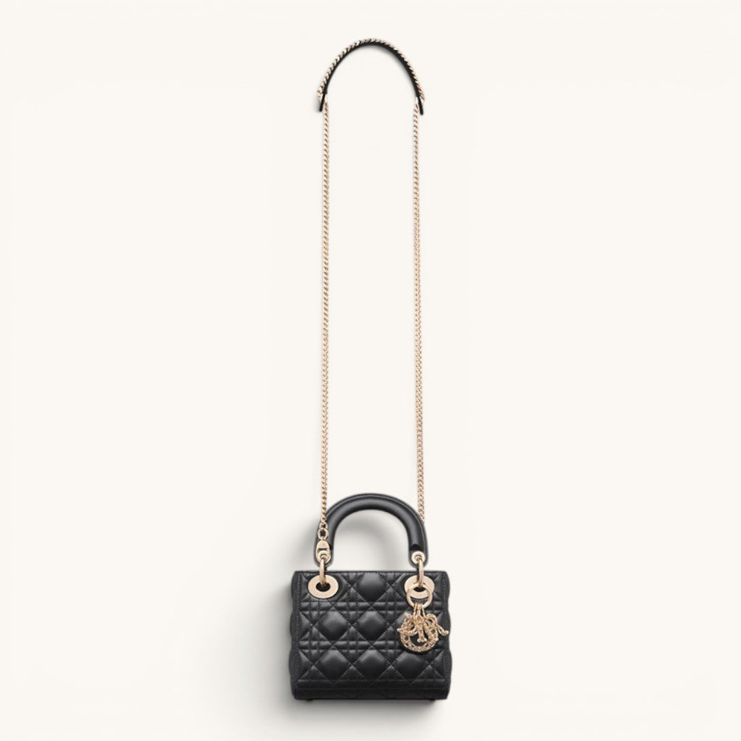 Dio Lady Dior Mini Black Gold Charm Detaylı Premium Deri Kadın Çanta