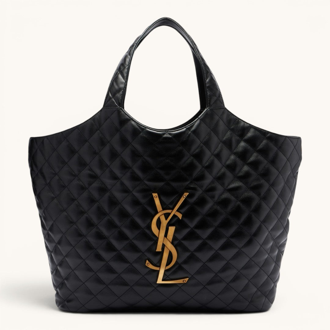 YşL Icare Maxi Black Gold Logolu Premium Kapitone Deri Kadın Tote Çanta