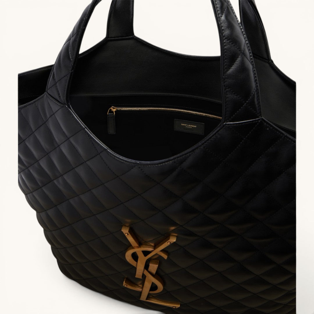 YşL Icare Maxi Black Gold Logolu Premium Kapitone Deri Kadın Tote Çanta