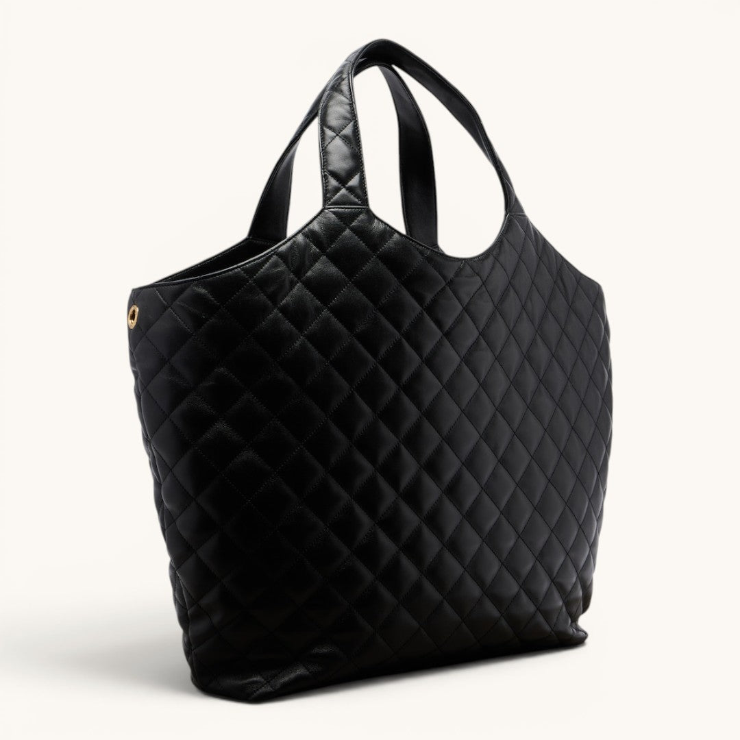 YşL Icare Maxi Black Gold Logolu Premium Kapitone Deri Kadın Tote Çanta