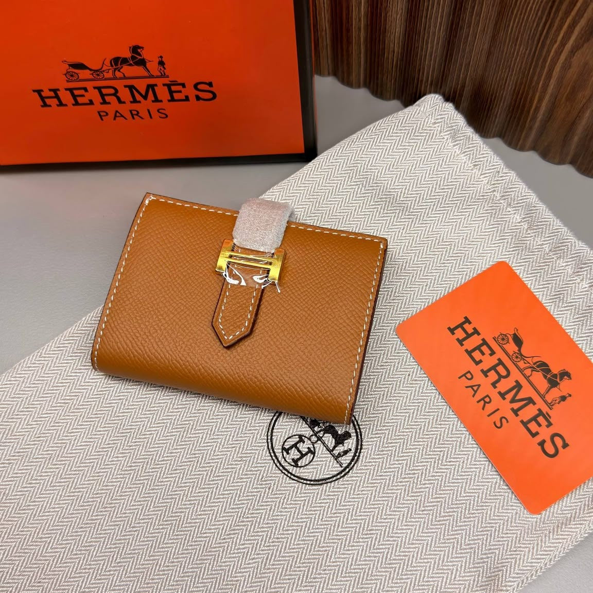Hermè Bearn Compact Gold H Tokalı Camel Premium Deri Kadın Cüzdan