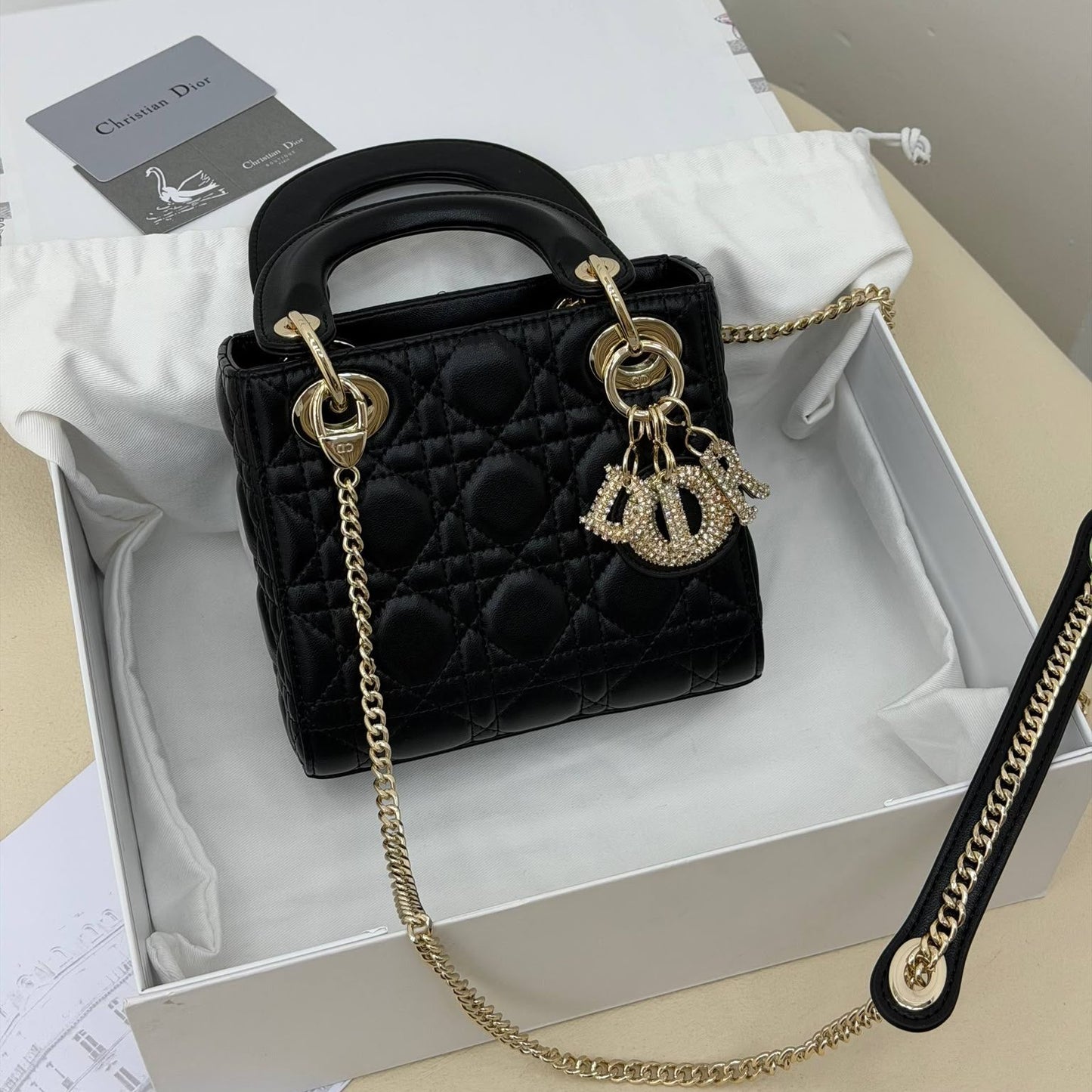 Dio Lady Dior Mini Black Gold Charm Detaylı Premium Deri Kadın Çanta