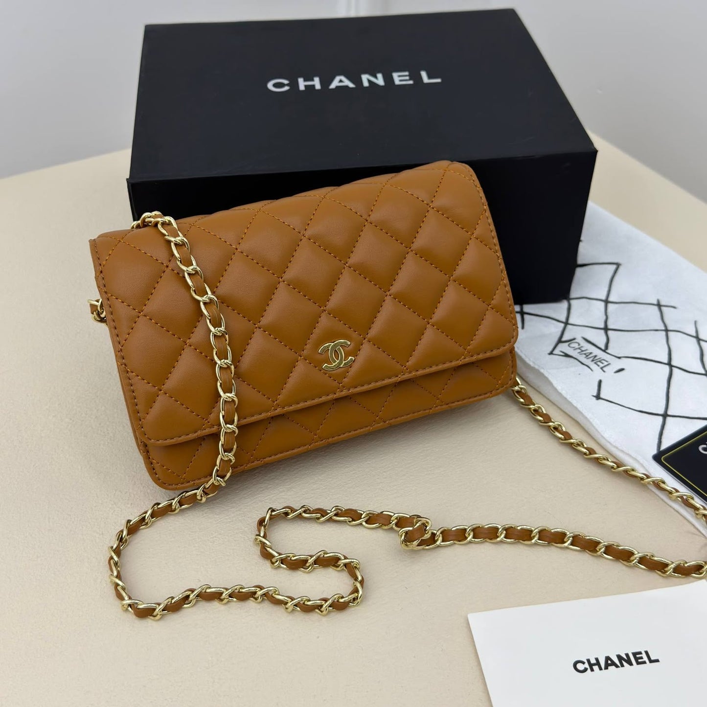 Chane Classic WOC Dark Caramel Quilted Gold Zincir Askılı Kadın Çanta